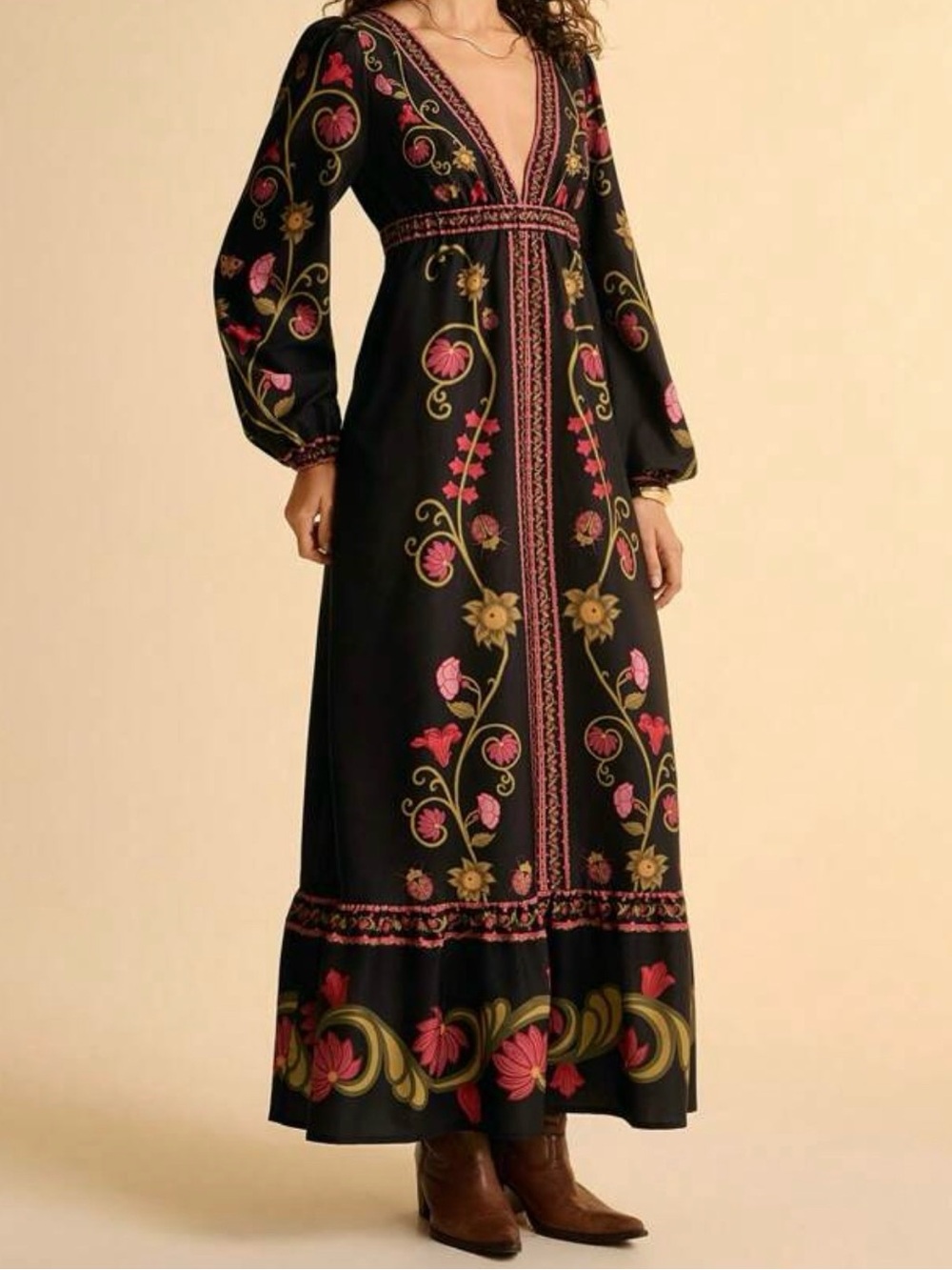 Bohemian Maxi Dress in Black with Pink & Green Floral Accents